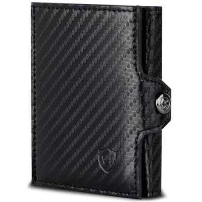 Abbildung von VON HEESEN Slim Wallet mit XL Münzfach &amp; RFID Schutz Mini Geldbörse Herren Damen Kartenetui Kreditkartenetui Portmonee Geldbeutel Portemonnaie klein Carbon Schwarz
