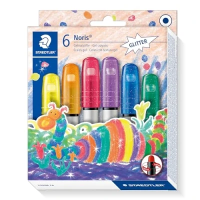 Abbildung von STAEDTLER Noris Club 2390M C6 Gelmalstifte, 6 Stück im Set, Glitter Farben, perfekt für kleine Kinderhände, superweich und farbintensiv, auch ideal `Fensterglas