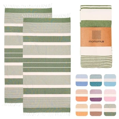 Abbildung von MOMOMUS Pack von 2 Fouta XL oder Strandhandtuch Baumwolle 100% Saugfähig, Ultraweich, Kompakt Strandtuch Fransen und Hamamtuch Dünn Sauna, Spa Pool Khaki, 90x180cm