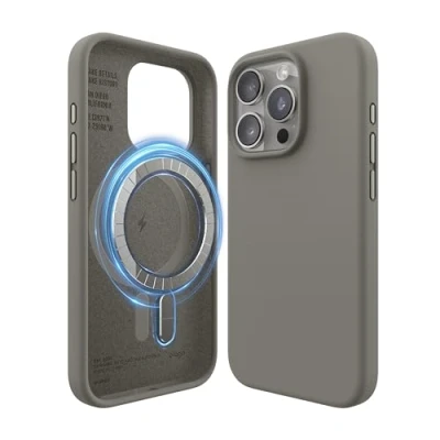 Abbildung von elago Magnetische Silikonhülle Kompatibel mit iPhone 15 Pro Hülle, MagSafe Alles Zubehör, Integrierte Magnete, Premium Silikon, Ganzkörper Schutzhülle [5 Lagige Struktur] (Mittelgrau)