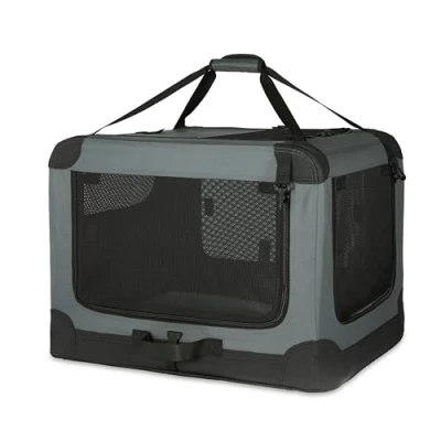 Abbildung von Amazon Basics Tragbarer, faltbarer Reisezwinger mit weichen Seiten und 4 Türen, Größe L, für Katzen, Hunde, Hasen andere Kleintiere, Grau, L 91 x B 61 H cm