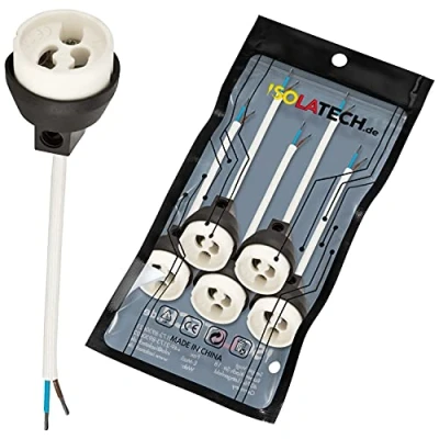 Abbildung von ISOLATECH GU10 Brandschutz Keramik Fassungen VDE RoHS 230 250 Volt 2A max.100W 0,75mm 2 Kabel LED Halogen (hier: 5 Stück)