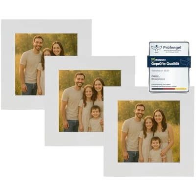 Abbildung von CABBEL Bilderrahmen 10x10 cm aus MDF Acrylglas bruchsicher Weiß 3er Pack Quadratischer Fotorahmen zum Aufstellen oder Aufhängen Modern &amp; stabil