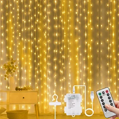 Abbildung von Vicloon LED Lichtervorhang, 3M*3M 300 LEDs 2 in 1 USB &amp;Batterie Vorhanglichter mit Fernbedienung, IP65 Wasserfest, 8 Modi Vorhang Lichterkette, Lichterkettenvorhang für Weihnachten Warmweiß
