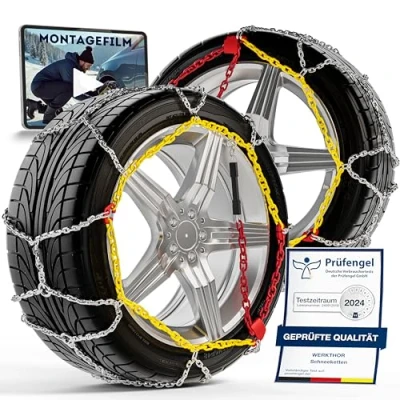Abbildung von WERKTHOR 2x Schneeketten Zugelassene Für PKW Optimaler Grip &amp; Einfache Montage Schneekette aus Metall verschiedenen Reifengrößen
