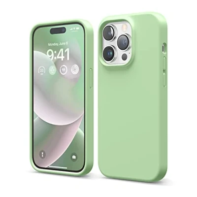 Abbildung von elago Schutzhülle für iPhone 14 Pro, Flüssigsilikon, Ganzkörper Schutzhülle, stoßfest, schlanke Handyhülle, kratzfestes weiches Mikrofaserfutter, 15,5 cm (6,1 Zoll), Pastellgrün