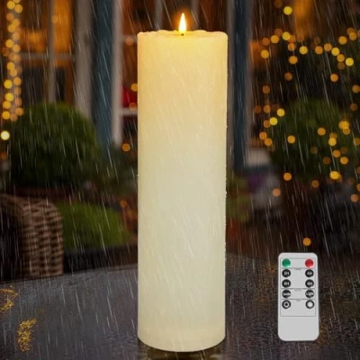 Abbildung von Kimjo 10CM x 35CM Flammenlose Große Led Kerzen Outdoor Wasserdicht Elfenbeinweiß mit Timerfunktion Fernbedienung Groß Flackernde Flamme 500+ Stunden Batterie