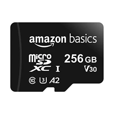 Abbildung von Amazon Basics MicroSDXC, 256 GB, mit SD Adapter, A2, U3, Lesegeschwindigkeit bis zu 100 MB/s, Schwarz