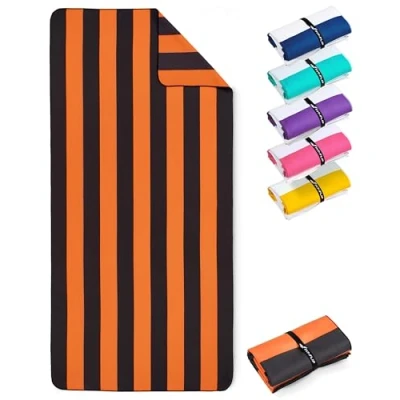 Abbildung von Fit Flip Strandtuch XXL Mikrofaser Badetuch Strandtücher leicht und schnelltrocknend 100% recyceltes Handtuch Strandhandtuch zum Baden (Orange Dunkelgrau gestreift 200x90cm)