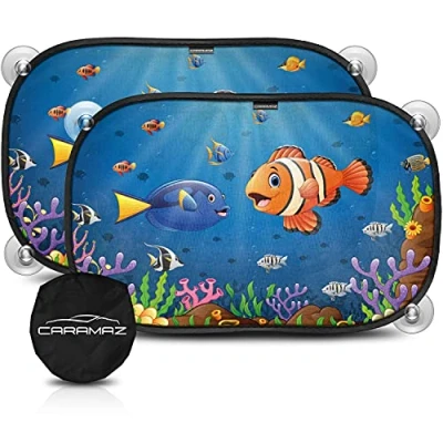 Abbildung von CARAMAZ Sonnenschutz Auto Baby mit UV Schutz 48x30cm 2 Stück Saugnäpfen Sonnenblende Kinder Fenster Motiv: Orange Neo