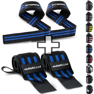 Abbildung von Fitgriff® Handgelenk Bandagen + Zughilfen (2er Set) für Krafttraining, Fitness, Bodybuilding, Gewichtheben, Gym, Kraftsport Frauen und Männer (Black/Blue)