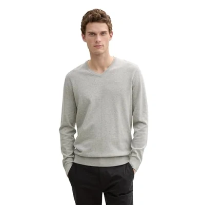 Abbildung von TOM TAILOR Herren 1012820 Basic Strickpullover Mit V Ausschnitt, 14427 Light Soft Grey Melange, S EU