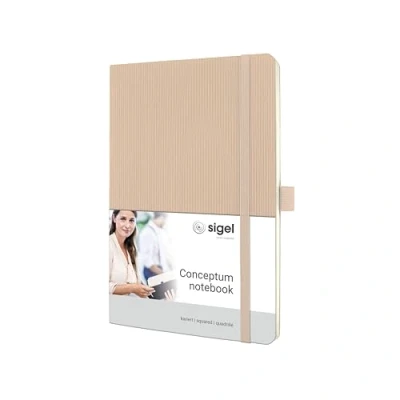 Abbildung von SIGEL CO332 Premium Notizbuch kariert, A5, Softcover, beige, aus nachhaltigem Papier Conceptum mit Seitenzahlen, Inhaltsverzeichnis, Stiftschlaufe, Falttasche