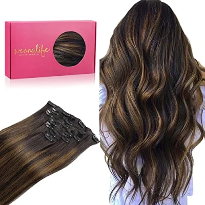 Abbildung von WENNALIFE Clip in Extensions Echthaar, 40cm 16 Zoll 120g 7pcs Balayage Dunkel Braun to Chestnut Hair Echthaar Remy Haarverlängerung Natürliche