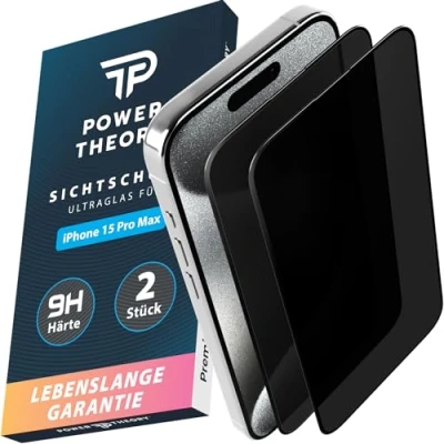 Abbildung von Power Theory Sichtschutz Glas für iPhone 15 Pro Max Schutzfolie, Ultra Sichtschutzfolie mit 9H Bruchfestigkeit, Blasenfreie Anbringung &amp; Schnelle Installation [2 Stück]