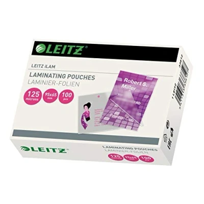 Abbildung von Leitz Heißlaminierfolien 125 mic 65 x 95 mm, zum Laminieren von Karten und Ausweisen, Hochwertige Laminierfolien im 100er Pack, Glänzend, Transparent, 33812