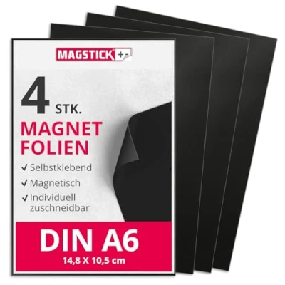 Abbildung von Magstick Magnetfolie 4 Stück I DIN A6 flexibel selbstklebend zuschneidbar magnetisch beklebbar zum Basteln ordnen Stanzen Aufbewahrung Magnetbogen Fotomagnet mag_064
