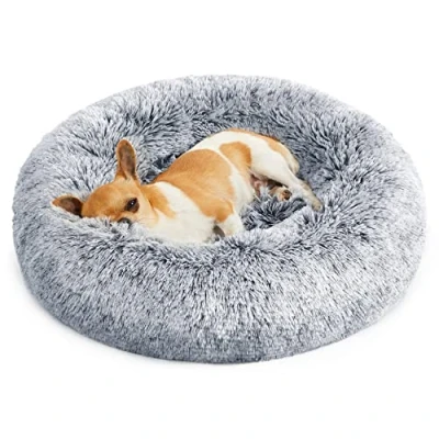 Abbildung von Feandrea Hundebett flauschig, Katzenbett, Donut Kissen, waschbar, Polsterung in der Mitte herausnehmbar, Langer Plüsch, 50 cm Durchmesser, Ombré Grau PGW037G01