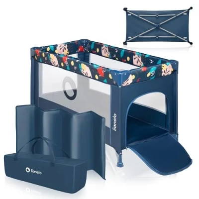 Abbildung von Lionelo Stefi Baby Laufstall, Kinderbett, Reisebett ab Geburt bis 15 kg, Seiteneingang, Sicherungssystem LockGuard, Blockade der Räder, Tragetasche, zusammenklappbar