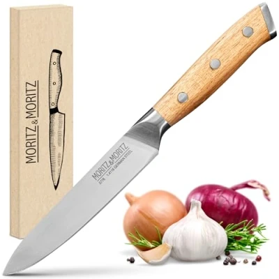 Abbildung von Moritz &amp; Profi Küchenmesser 13 cm Universalmesser Küche Kochmesser Allzweckmesser für Obst, Gemüse, Fleisch und mehr Ergonomischer Griff aus Akazienholz Deutscher Messerstahl