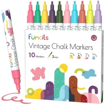 Abbildung von Funcils Vintage Kreidestifte für Tafel Abwaschbar 10 Kreidemarker Pastell 3mm Umkehrbare Spitze Kreide Stift Fenster, und als Glasstift. Chalk markers Erwachsene &amp; Kinder