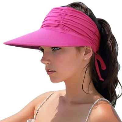 Abbildung von DRESHOW Damen Visor Sonnenhut Breite Krempe Hut Einstellbar Faltbarer Pferdeschwanz Strandhut Sommer UV Schutz Außen UPF 50+
