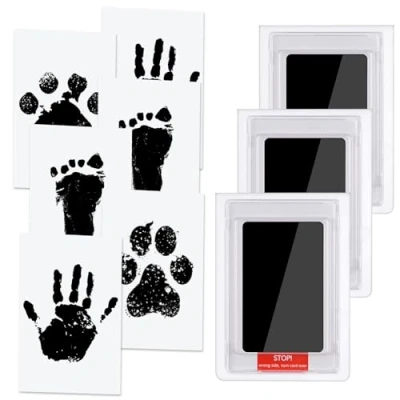 Abbildung von Vicloon Baby Abdruck Set, Handabdruck und Fußabdruck mit 3 x Clean Touch Stempelkissen 6 Druckkarten, Babyhaut Kommt Nicht Farbe in Berührung, Handprint für Familie Geschenk Schwarz
