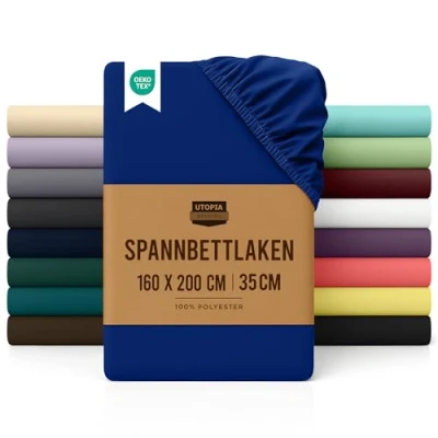 Abbildung von Utopia Bedding Spannbettlaken 160x200cm Royal Blau Gebürstete Polyester Mikrofaser Spannbetttuch 35 cm Tiefe Tasche