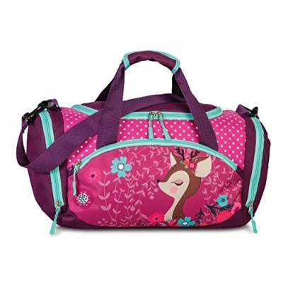 Abbildung von Umhängetasche Sporttasche Kinder Reisetasche mit süßem REH Rehkitz Blumen für Mädchen &amp; Jungen 14,2 Liter 35 x 22 18,5 cm, lila/pink/türkis