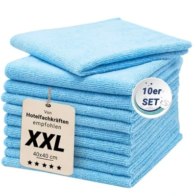 Abbildung von ZOLLNER 10er Set Mikrofasertücher für streifenfreien Glanz flusenfreie und saugstarke Reinigungstücher waschbar bis 60C 40x40cm in hellblau Hotelqualität