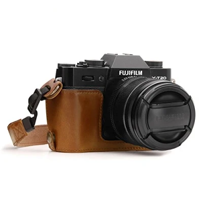 Abbildung von MegaGear MG959 Ever Ready Leder Kamera Halbtasche mit Trageriemen kompatibel Fujifilm X T30, T20, T10 Hellbraun
