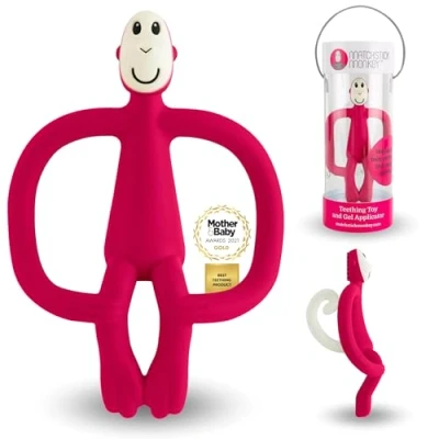 Abbildung von Matchstick Monkey Beißring Affe Original Baby Zahnungshilfe weiche Noppen massieren wundes Zahnfleisch Silikon BPA frei Greifling für Zahnen ab 3 Monaten rot