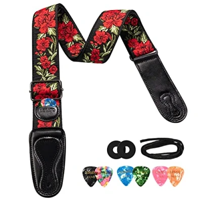Abbildung von LEKATO Akustikgitarrengurt, Gitarrengurt, E Blumenstickmuster, Gitarren Bassgurt für Akustik und Gitarren, Bass mit 6 Plektren 2 Gurtschlössern