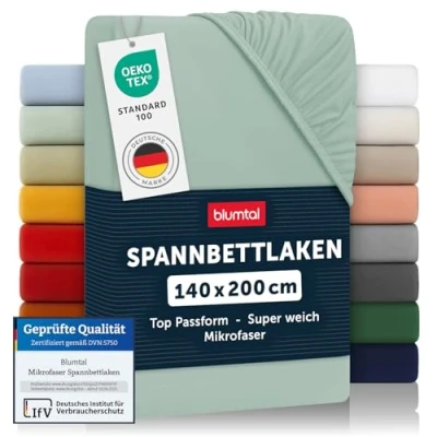 Abbildung von Blumtal® Spannbettlaken 140x200 cm Bettlaken aus Microfaser Oekotex zertifiziertes Spannbetttuch / Leintuch Spanntuch Summer Green Grün