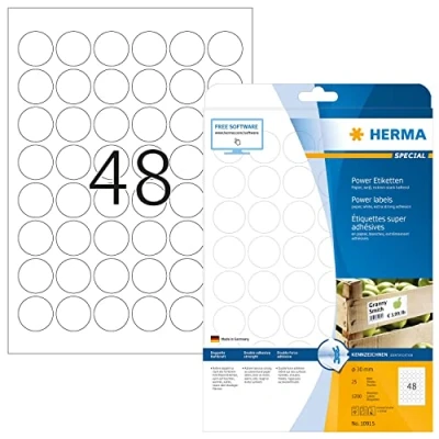 Abbildung von HERMA 10915 Power Etiketten rund, 25 Blatt, Ø 30 mm, 48 pro A4 Bogen, 1200 Stück, selbstklebend, bedruckbar, extrem stark haftend, blanko Papier Klebeetiketten Aufkleber, weiß