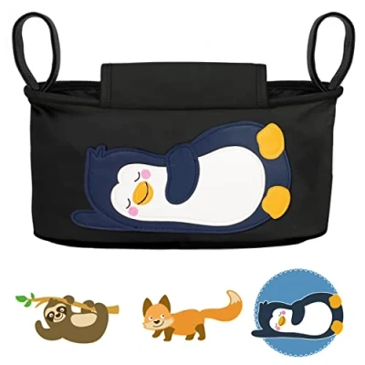 Abbildung von GLÜCKSWOLKE Kinderwagen Organizer 12 Motive I Kinderwagentasche verschließbar Kinder Buggy Tasche mit Feuchttuchspender Baby Stroller Bag Black Aufbewahrungstasche (Pia Pinguin schwarz)