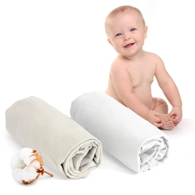 Abbildung von Dreamzie Spannbettlaken 70x140 Baby 2er Pack Baumwolle Oeko Tex Zertifiziert Weiß und Beige 100% Jersey Spannbetttuch 70x140cm