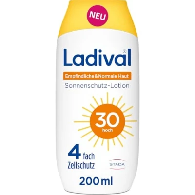 Abbildung von Ladival Sonnenschutz Lotion LSF 30 für empfindliche und normale Haut Sonnencreme den Körper, wasserfest, feuchtigkeitsspendend, mit 4 fach Zellschutz, UV Schutz, 200ml