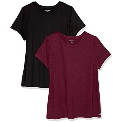 Abbildung von Amazon Essentials Damen Kurzärmliges Tech Stretch T Shirt mit Rundhalsausschnitt (in Übergröße erhältlich), 2er Pack, Burgunderrot Space dye/Schwarz, M