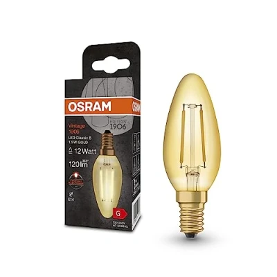 Abbildung von OSRAM Vintage 1906 Classic B FIL LED Lampe, E14, klassische Minikerzenform, gold, 1,5W, 120lm, 2400K, warmweiße Komfortlichtfarbe, sehr geringer Energieverbrauch, lange Lebensdauer
