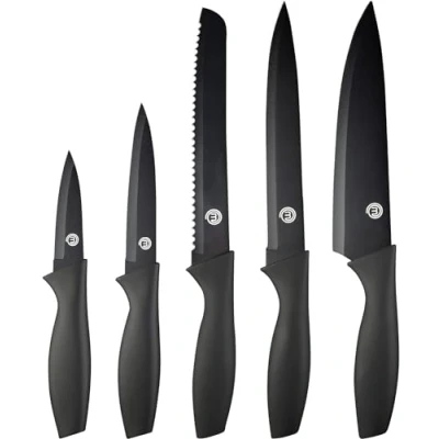 Abbildung von MasterChef, Küchen Messerset ink. Kochmesser, Gemüsemesser, Schälmesser, Schneidemesser &amp; Brotmesser, Scharfe Messer Edelstahl, Antihaftbeschichtete, Soft Touch Griffe, 5 teilig, Schwarz