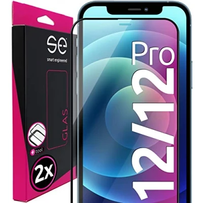 Abbildung von smart engineered S.E für iPhone 12 Schutzglas 2x im SET, mit Installationsrahmen, kinderleichte blasenfrei Anwendung, Displayschutz Full Screen, kompatibel Hülle
