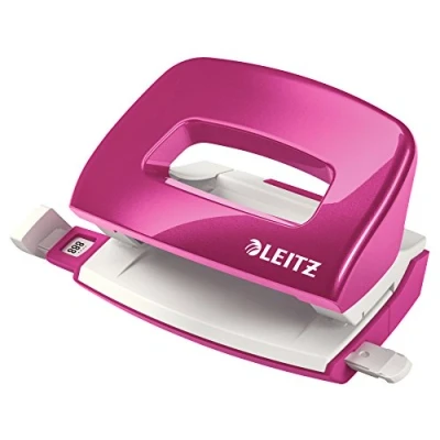 Abbildung von Leitz Mini Locher aus Metall, kleiner für 10 Blatt, Anschlagschiene mit Formatangaben, Ergonomisches Design, Pink, WOW Serie, 50601023