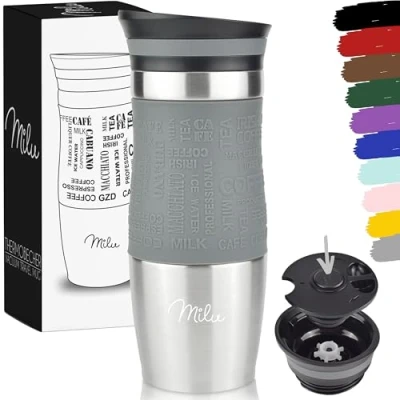 Abbildung von Milu Thermobecher 370ml 450ml Isolierbecher Kaffeebecher to go 100% Auslaufsicher Trinkbecher aus Edelstahl Autobecher doppelwand Isolierung Thermo Becher Travel Mug (Grau, 370ml)