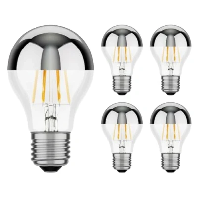 Abbildung von ledscom.de 5 Stück E27 LED Leuchtmittel, A60, warmweiß (2700 K), 6 W, 667lm, Kopfspiegel (silber)