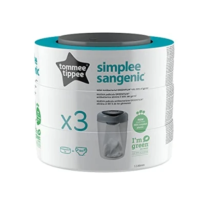 Abbildung von Tommee Tippee Nachfüllkassetten für Simplee Sangenic Windelentsorgungssystem mit Nachhaltig Bezogener Antibakterieller Greenfilm Folie, 3er Packung