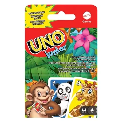 Abbildung von Mattel Games Uno Junior, Kartenspiel, vereinfachte Version mit Zootieren und 3 Schwierigkeitsstufen, Kinderspiel, Geschenk für Kinder, ab Jahre, GKF04
