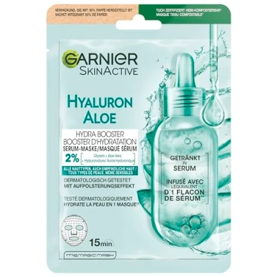 Abbildung von Garnier Tuchmaske, Gesichtsmaske für alle Hauttypen, Erfrischend und feuchtigkeitsspendend, Mit Hyaluronsäure Aloe Vera, Hydra Bomb, 28 g