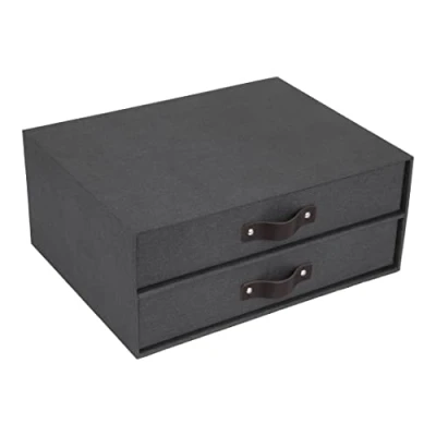 Abbildung von Bigso Box of Sweden BIRGER Schubladenbox für Dokumente und Bürobedarf Schreibtisch Organizer mit 2 Schubladen Ablagesystem aus Faserplatte Papier in Leinenoptik schwarz
