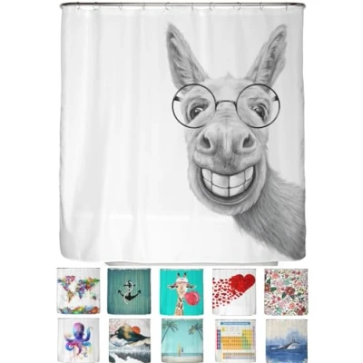 Abbildung von arteneur® Esel Anti Schimmel Duschvorhang 180x180 Recycelt mit Öko Tex Standard 100 Beschwerter Saum, Blickdicht, Wasserdicht, Waschbar, 12 Ringe &amp; E Book